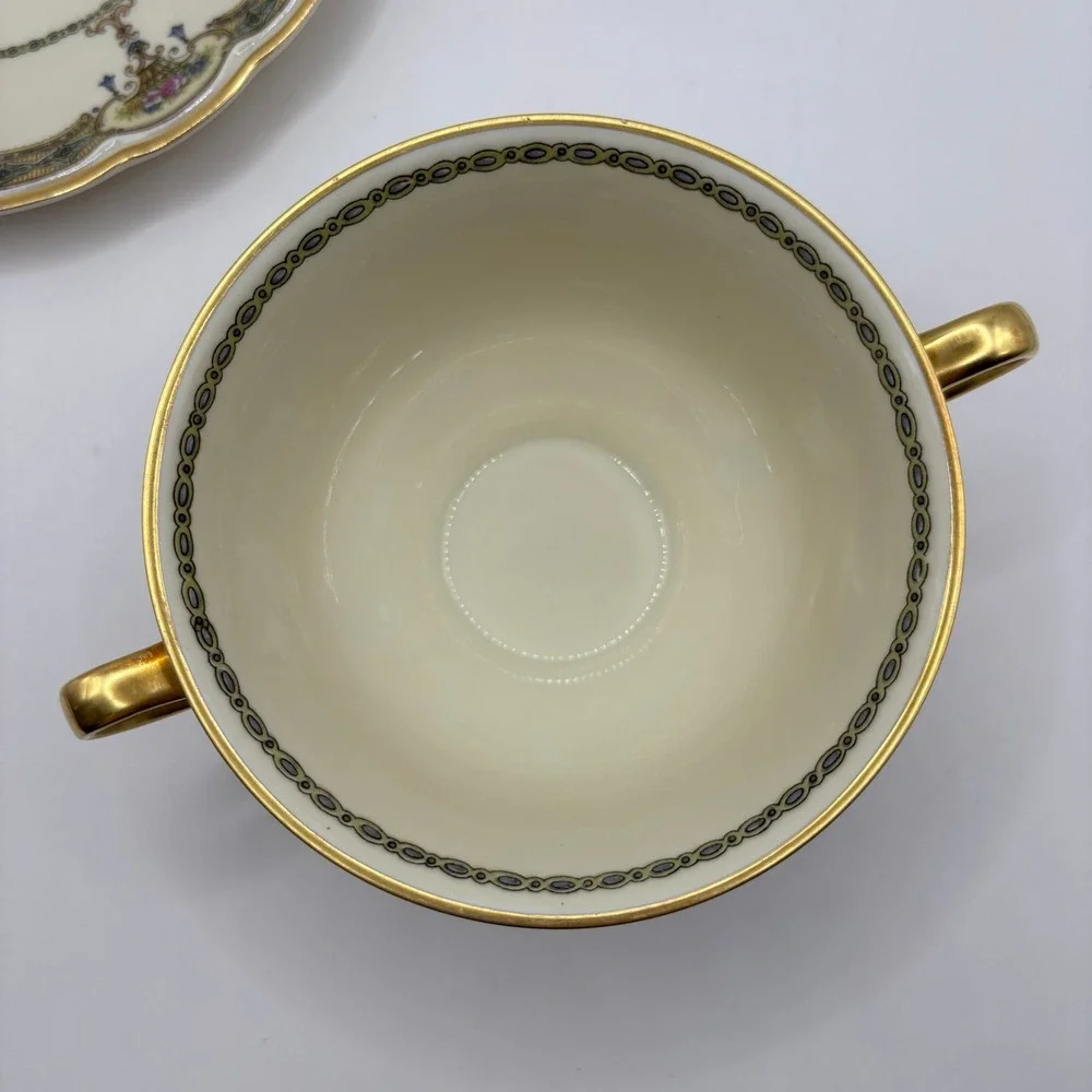Vtg Black Knight Selb Bavaria Cream Soup Bowl and Saucer Set Floral Gold Gilt 30